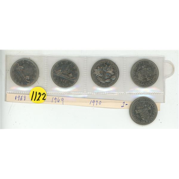 1968, 1969, 1970, (2) 1971 Canada One Dollar Coins.