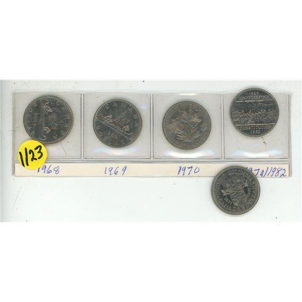 1968, 1969, 1970, 1971, 1982 Canada One Dollar Coins.