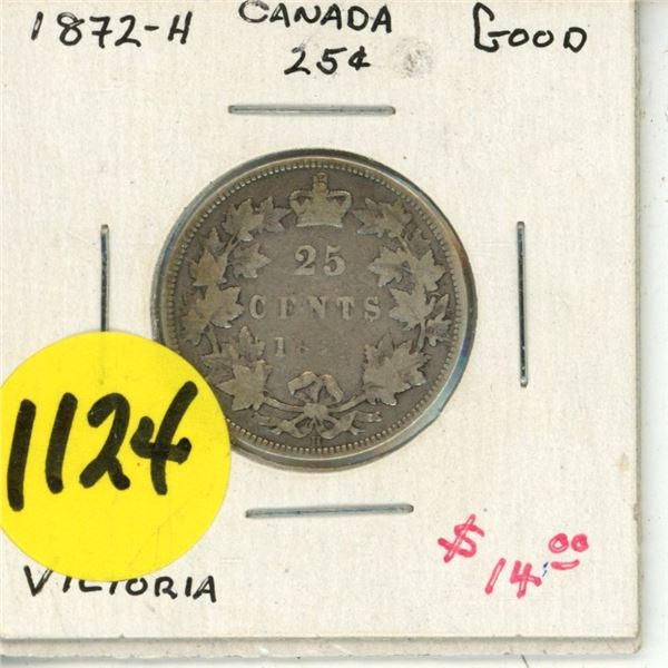 1872-H Canada Silver 25 Cents Coin.