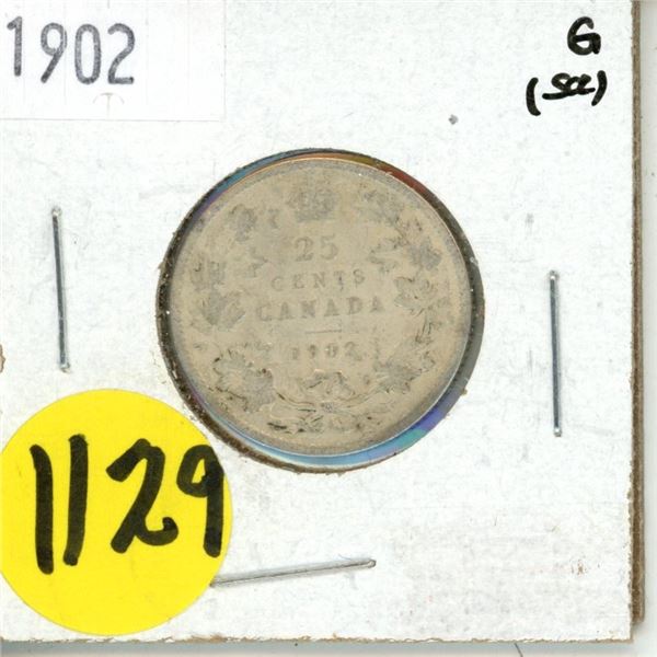 1902 Canada Silver 25 Cents Coin.