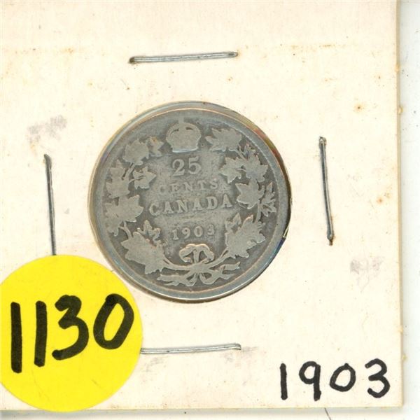 1903 Canada Silver 25 Cents Coin.