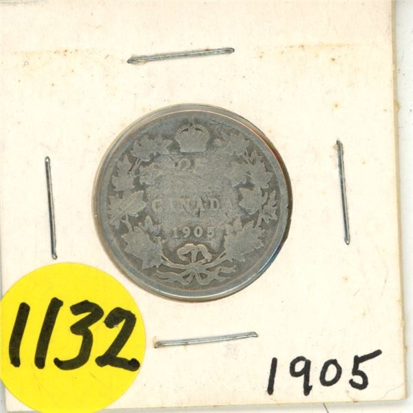 1905 Canada Silver 25 Cents Coin.