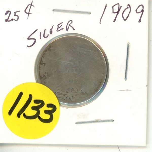 1909 Canada Silver 25 Cents Coin.