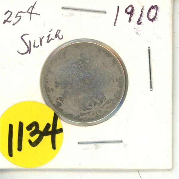 1910 Canada Silver 25 Cents Coin.