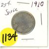 Image 1 : 1910 Canada Silver 25 Cents Coin.