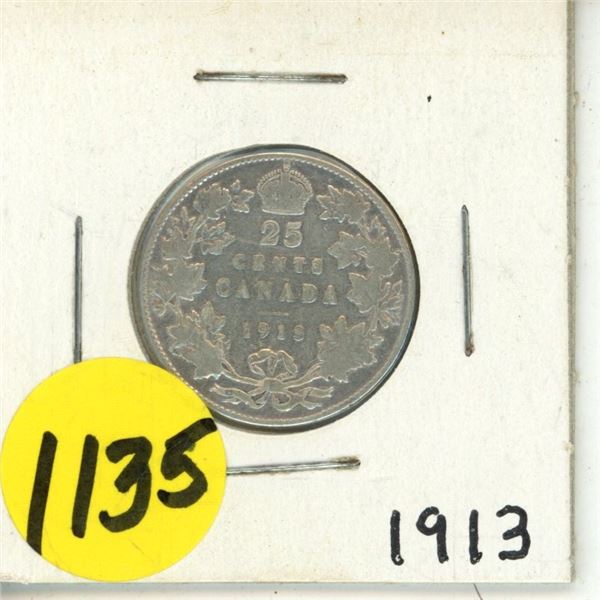 1913 Canada Silver 25 Cents Coin.