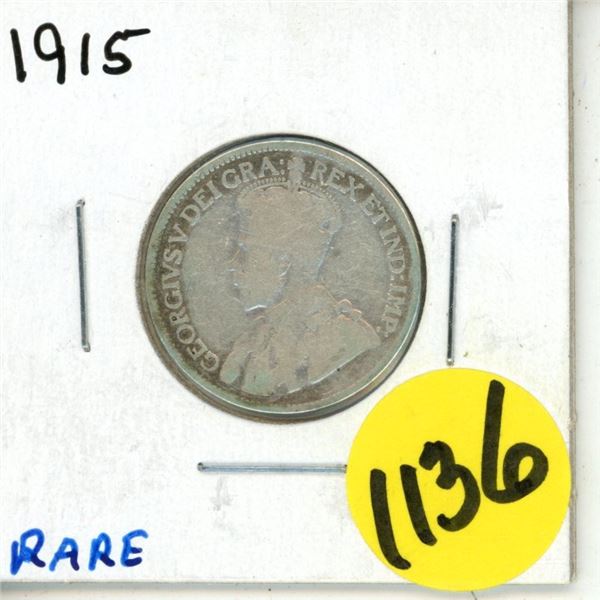 1915 Canada Silver 25 Cents Coin.