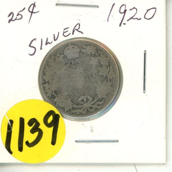 1920 Canada Silver 25 Cents Coin.