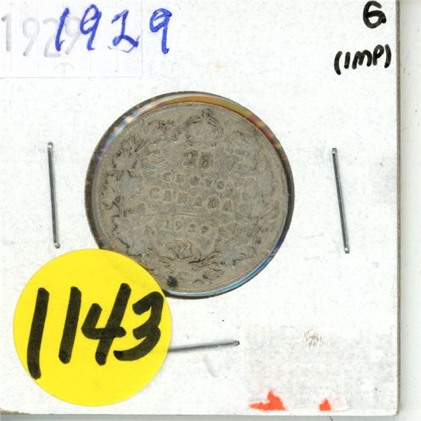 1929 Canada Silver 25 Cents Coin.