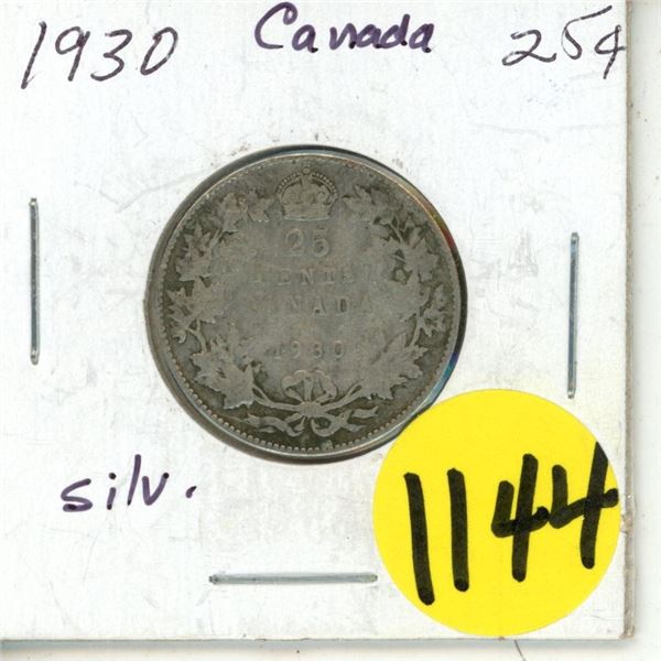 1930 Canada Silver 25 Cents Coin.