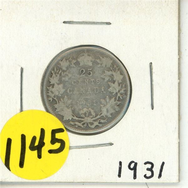 1931 Canada Silver 25 Cents Coin.