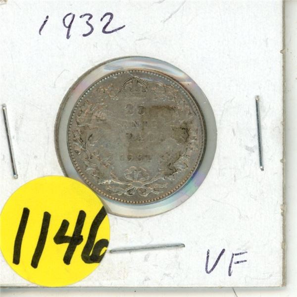 1932 Canada Silver 25 Cents Coin.