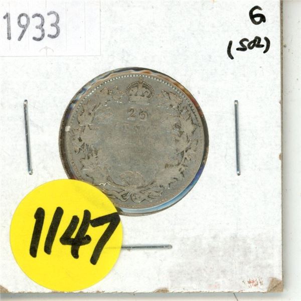 1933 Canada Silver 25 Cents Coin.