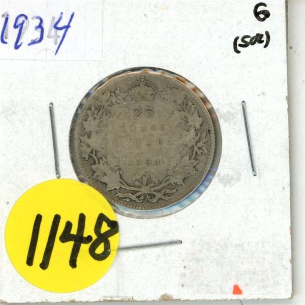 1934 Canada Silver 25 Cents Coin.