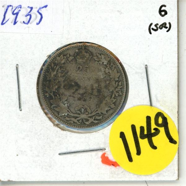 1935 Canada Silver 25 Cents Coin.