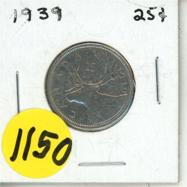 1939 Canada Silver 25 Cents Coin.