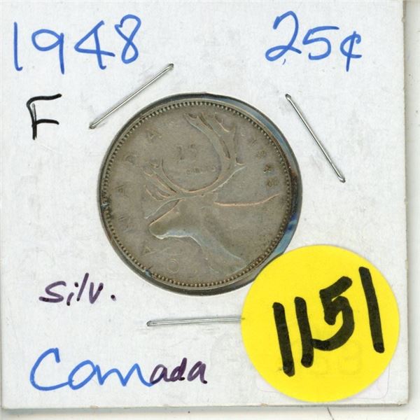 1948 Canada Silver 25 Cents Coin.