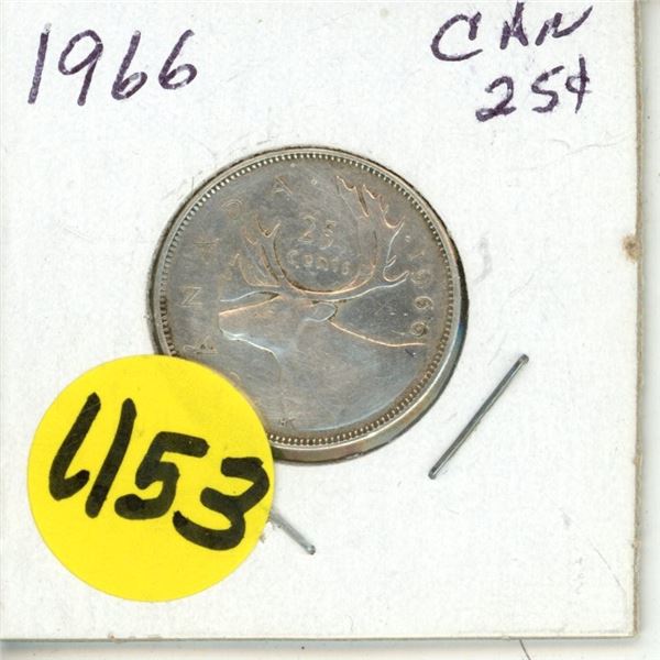 1966 Canada Silver 25 Cents Coin.