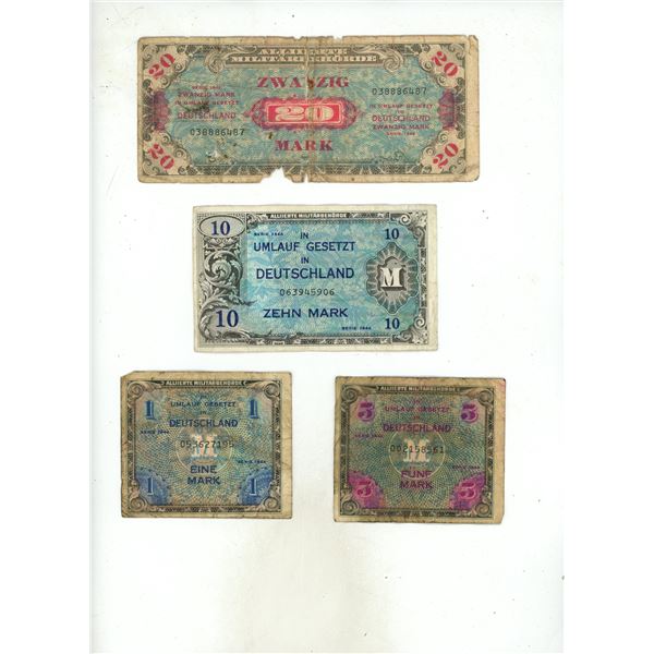 (4) German Mark Notes. 1, 5, 10 and 20. All 1944