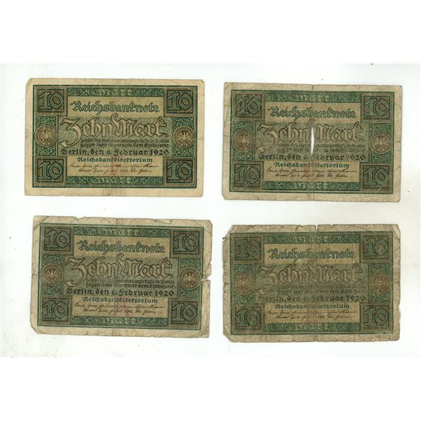 (4) 1920 German "10" Reichshant Notes.