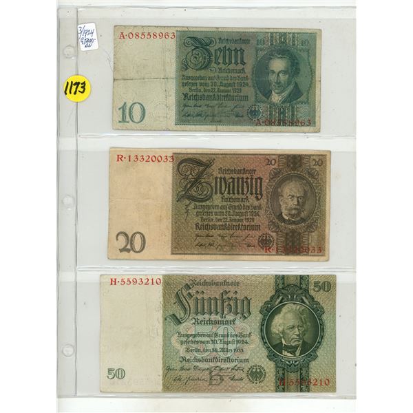 (3) 1924 German Reichshant Notes 10, 20, 50.