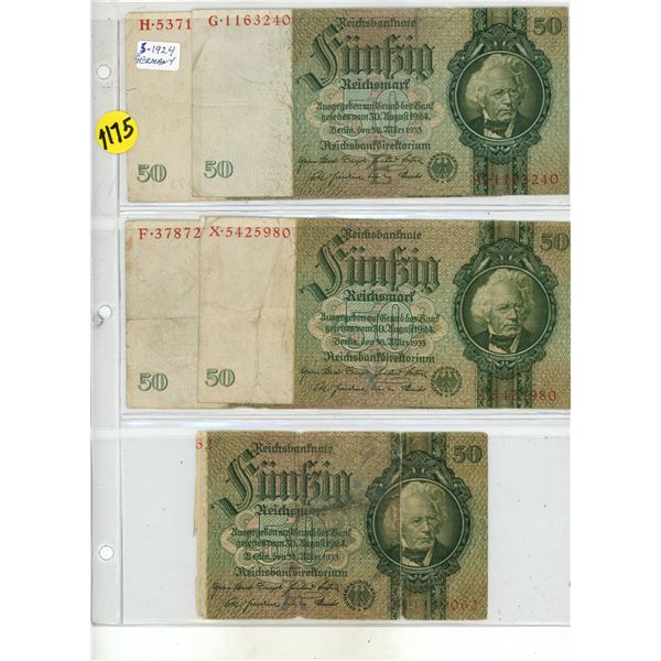 (5) 1924 German Reichshant Notes 5 x10