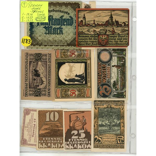 (9) German Bills Mark/Pfennid, 1919, (5) 1921, (3) 1922.