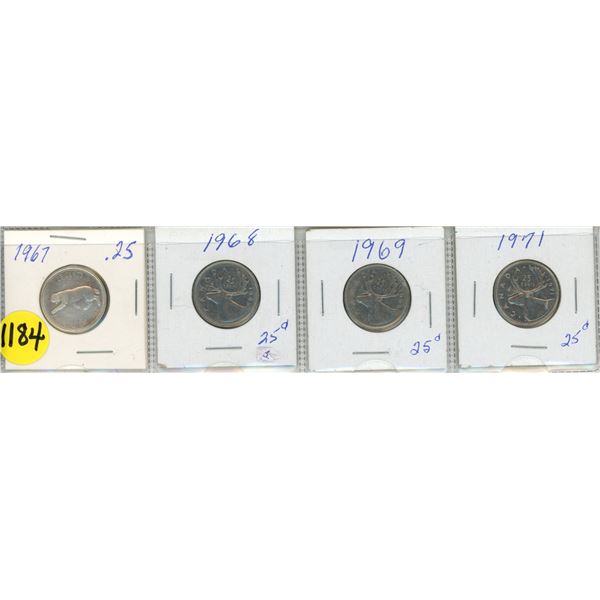 1967 Canada Silver 25 Cents, 1968, 1969, 1971 Canada 25 Cents Coins.