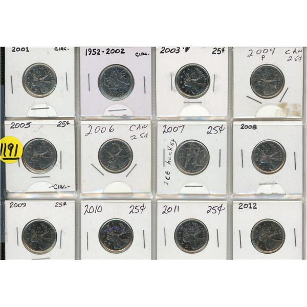 2001-2012 Canada 25 Cents Coins.