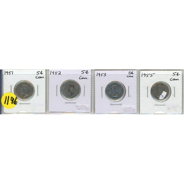 1951, 1952, 1953, 1955 Canada 5 Cents Nickles.