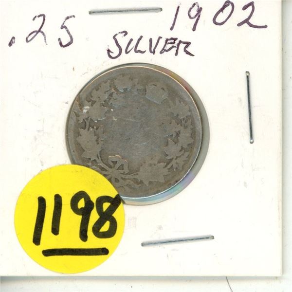 1902 Canada Silver 25 Cents Coins.