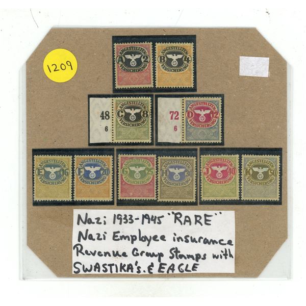 Stamps Nazi 1933-1945 "Rare" Nazi Employee Insurance Revenue Group Stamps with Swastika's & Eagle.