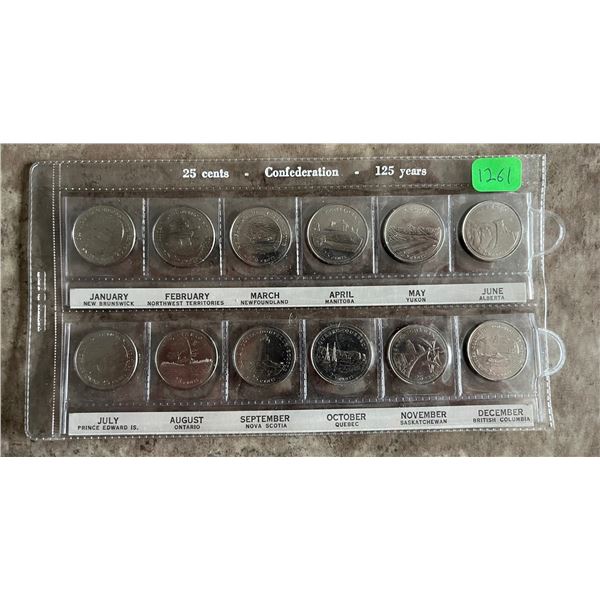 Canada 125 Provincial & Territorial Set of 12 quarters from 1992 in commemorative pouch sleeve.