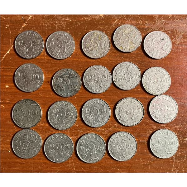 Lot of 20 Canadian nickels from 1920s.