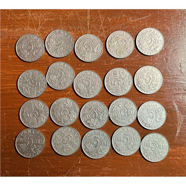 Lot of 20 Canadian nickels from 1930s.