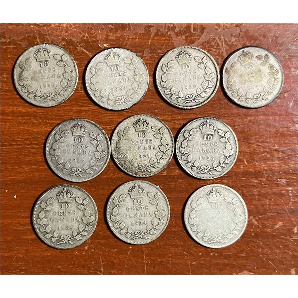 Lot of 10 Canadian Silver dimes from 1920 - 1936.