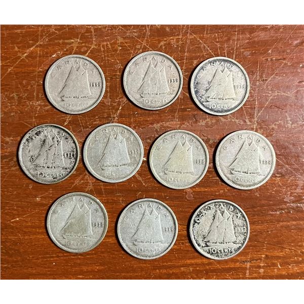 Lot of 10 Canadian Silver dimes from 1938 - 1939.