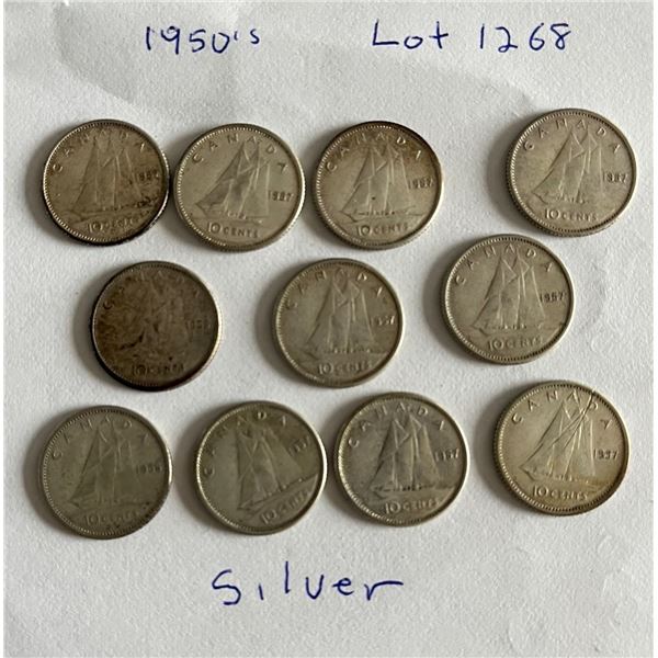 Lot of 11 Canadian Silver dimes from 1955 - 1957.