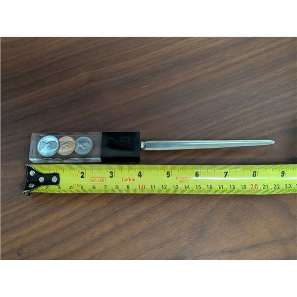 Letter Opener w/ (3) Canadian 1969 Coins Set In Acrylic (Used)