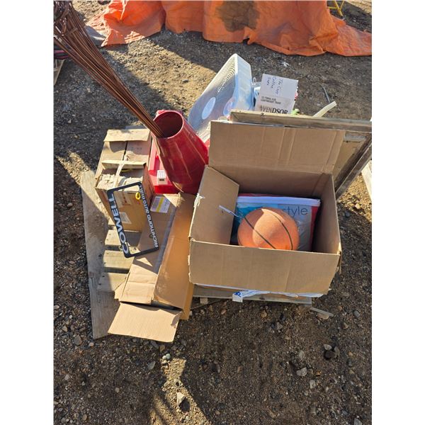 Pallet of items- fan, tonka fire truck, decor, gas can