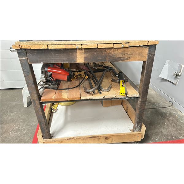 44X32" WOOD AND METAL WORKBENCH WITH CONTENTS INC TIE DOWN STRAPS, HAMMER STAPLER, CROWBAR, B&D