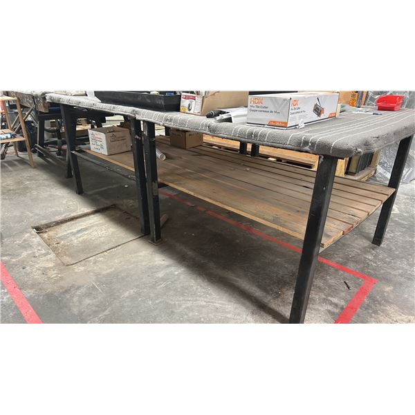 METAL FRAMED WORK BENCH 8'X4' PLYWOOD TOP WITH CARPET COVER - NO CONTENTS