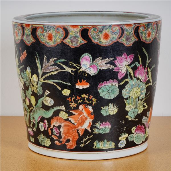 Vintage Chinese Famille Noire Porcelain Fish Bowl