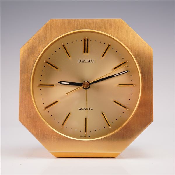 Japanese Seiko Quartz Alarm Clock, Gold Tone Octagonal