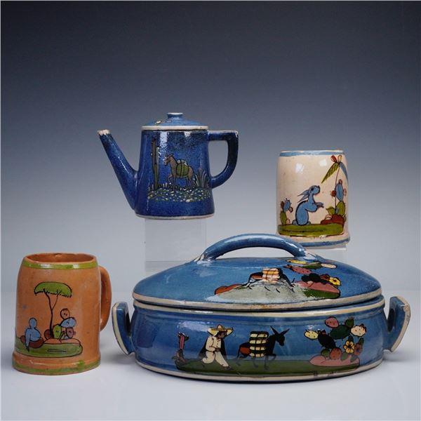4pc Mexican Redware Pottery Set- Covered Dish, Coffee Pot with Lid & 2 Mugs