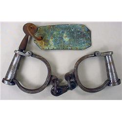RARE CIVIL WAR ERA HANDCUFFS W/ KEY AND TAG - MARK