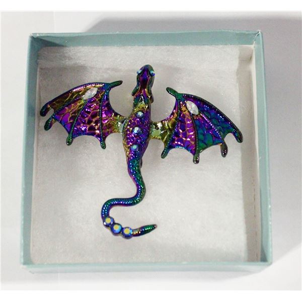 COLORFUL DRAGON BROOCH 3”X2.5” IN METAL