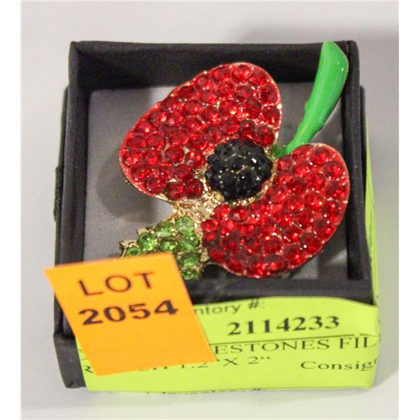 POPPY RHINESTONES FILLED BROOCH 1.2”X 2“