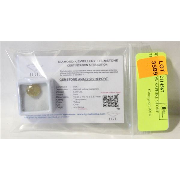 5.9 CTS YELLOW SAPHIRE STONE WITH CERT.