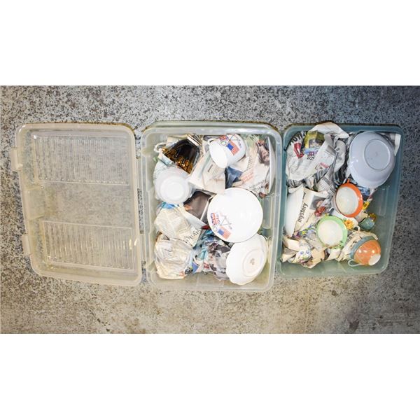 2-CONTAINERS OF TEA CUPS AND SAUCERS
